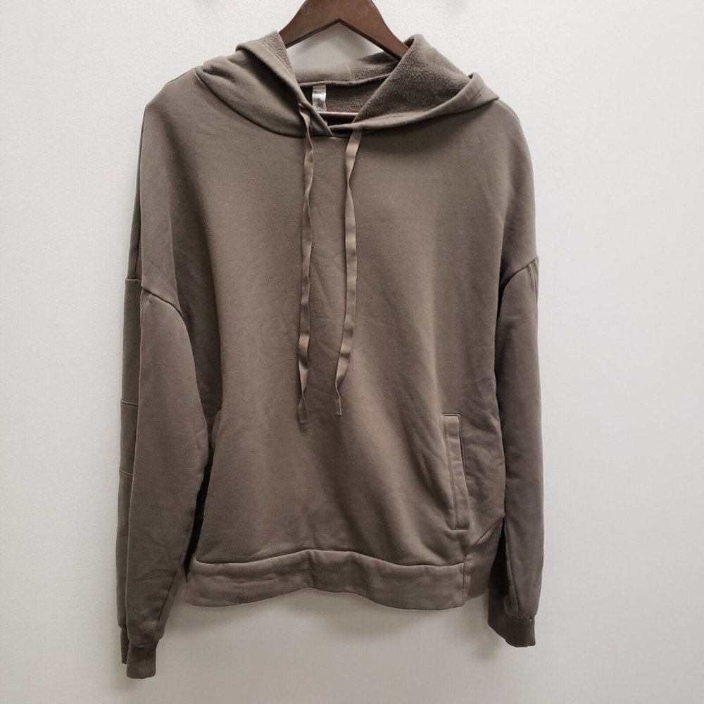 Alo Yoga Womens Long Sleeve Hoodie Size M Taupe Pocket Drawstring Cotton Stretch
